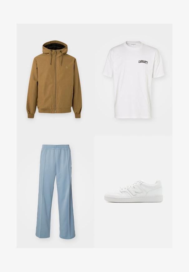 Bruine hoodiejack, met rits aan de voorkant, elastische manchetten en zoom. Twee zijzakken, logo op de borst, gladde stofafwerking.; Witte katoenen t-shirt met korte mouwen en een ronde hals. Bevat een zwart "Carhartt" logo gedrukt op het bovenste gedeelte van de linkerkant van de borst.; Carhartt WIP BOLAN PANT - Trainingsbroek - dusty ice/positano; Witte sneaker van glad leer, met geperforeerde neus, een gestructureerde rubberen zool, platte veters en een prominente 'N' logo aan de zijkant.