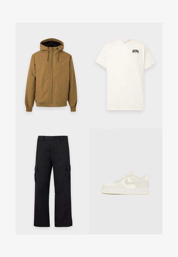 Braune Kapuzenjacke mit Reißverschluss auf der Vorderseite, elastischen Bündchen und Saum. Zwei seitliche Taschen, Logo auf der Brust, glatte Stoffoberfläche.; Cremfarbens Baumwoll-T-Shirt mit kurzen Ärmeln, das "NIKE SB" in schwarzem und rotem Text auf der Brust zeigt. Klassischer Rundhalsausschnitt.; Schwarze Cargo-Hosen mit geradem Bein Design. Hergestellt aus strapazierfähigem Stoff, mit zwei Seitentaschen mit Klappen und einem Knopfverschluss.; Weiße Nike Air Force 1 Sneaker mit einem glatten Lederobermaterial, hellgrauen Akzenten, Perforationen an der Zehenpartie und einer strukturierten Gummisohle.