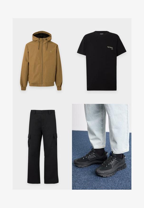 Hnedá kapucňová bunda, so zipsom vpredu, elastické manžety a lem. Dve bočné vrecká, logo na hrudi, hladký povrch látky.; Čierne bavlnené tričko s krátkymi rukávmi, okrúhlym výstrihom a malým bielym logom potlačeným na ľavej strane hrudi.; Čierne cargo nohavice so strihom rovného nohu. Vyrobené z odolnej látky, s dvoma bočnými vreckami so klopami a zapínaním na gombík.; Čierne športové topánky s textúrovanou tkaninou a gumovou podrážkou, so elastickými šnúrkami a modrým akcentom na päte. Nosia sa s svetlými riflami.
