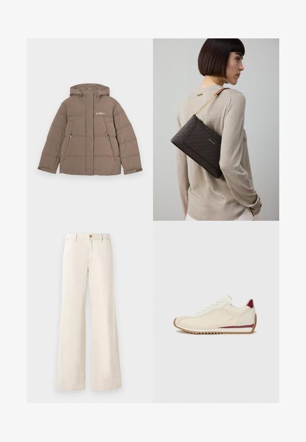 Brun polstret jakke med hætte, der har en frontlynlås, to sidelommer og "Terrex"-logoet i hvidt på brystet.; Beige crewneck sweater lavet af blødt strikket materiale, med lange ærmer og fire knapdetaljer på hver manschet. Minimalistisk design med tekstureret finish.; Beige brede bukser lavet af bomuld med en glat tekstur. Har en knaplukning, forlommer og et klassisk taljedesign.; Hvide sneakers med en glat overflade, der har en mørkerød accent langs sålen og en takkede gummiydersål for greb. Minimalistisk design.; Brun mønstret clutch-taske med guldfarvet beslag og kæderem, båret på skulderen over en beige sweater med tekstureret stof.