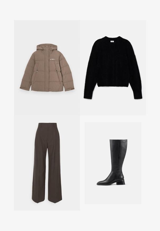 Casaco acolchoado castanho com capuz, apresentando um fecho à frente, dois bolsos laterais e o logótipo "Terrex" em branco no peito.; Sweater preto cropped feito de material fofinho. Apresenta um decote redondo e mangas longas com uma textura suave. Design minimalista, sem padrões.; Calças largas castanhas escuras com cintura alta, apresentando pregas bem vincadas, textura suave e um corte ajustado.; Bota de couro preta até ao joelho, com bico redondo e salto baixo, em bloco. Apresenta uma textura suave e detalhes de costura mínimos.