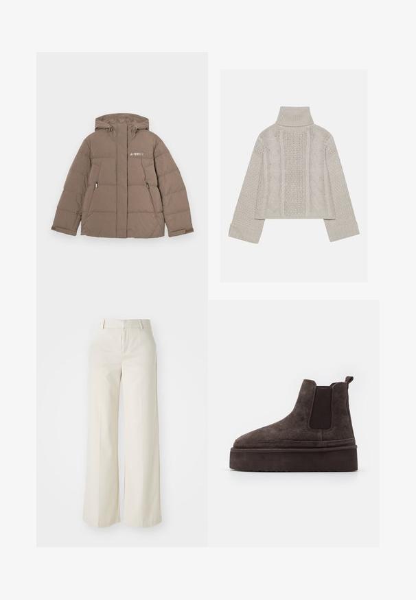 Brun polstret jakke med hætte, der har en frontlynlås, to sidelommer og "Terrex"-logoet i hvidt på brystet.; Afskåret, lysegrå striktrøje med højt krave og ribbede manchetter, prydet med teksturerede kabelmønstre ned ad ryggen og siderne.; Bredde ben-bukser i en lys beige farve, lavet af et glat stof. Har en klassisk talje og flad front med rene linjer.; Brune ruskinds Chelsea støvler med elastiske sidepaneler og en tyk, struktureret platåsål. Har en strop bagpå til nem påtagning.