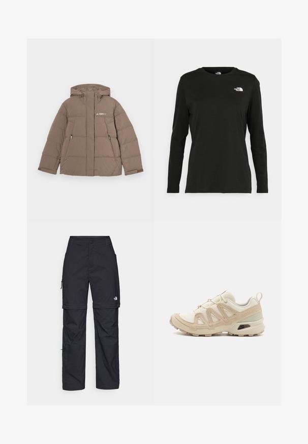 Brown padded jacket with a hood, featuring a front zipper, two side pockets, and the "Terrex" logo in white on the chest.; Black long-sleeve t-shirt made of cotton with a round neck. Features a small white logo on the left chest area. Simple design and fit.; Black nylon zip-off cargo trousers with adjustable cuffs, multiple pockets, and a logo on the right leg. Smooth, lightweight texture.; Beige and cream athletic shoe with textured mesh upper, supportive overlays, and rubber outsole featuring a tread pattern for traction.