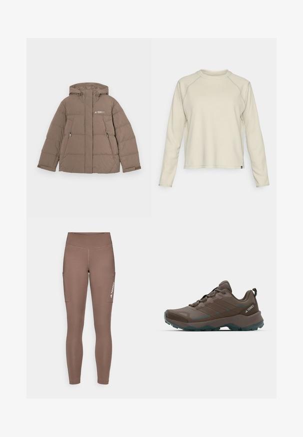 Bruine gewatteerde jas met capuchon, voorzien van een ritssluiting aan de voorkant, twee zijzakken en het "Terrex" logo in het wit op de borst.; Lichtbeige lange mouw top met een textuur, ribbel ontwerp. Heeft raglanmouwen en een ronde halslijn. Subtiele merklogo aan de zoom.; Bruine sportleggings met een hoge tailleband, voorzien van zijzakken en een wit logo. Gladde, rekbare stof voor comfort en bewegingsvrijheid.; Grijze en teal wandelschoenen met gaaspanelen, gestructureerde bovenkant en robuuste rubberen outsole. Voorzien van een gevoerde tong en vetersluiting.