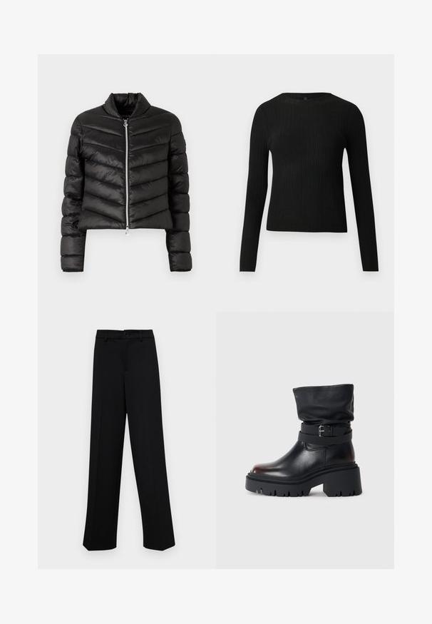 Must mustrandi puffer-jakk, horisontaalse ja vertikaalse tikandi mustriga, kõrge kaelusega, metallist lukuga ja istuvate varrukatega. Sile, läikiv kangas.; Mustmustriibuline must pikavarsiline sobiv sviiter ümmarguse kaelusega, esitatud helehallil taustal.; Musta laiad püksid siledast kangast, millel on klassikaline vöökoht, nööbiga sulgemine ja ees voldid.; Mustmustest mustat, millel on venivad ülendid, klamberdetail ja paks, robustne talla. Omab ümarat künarnukki ja sileda tekstuuri.