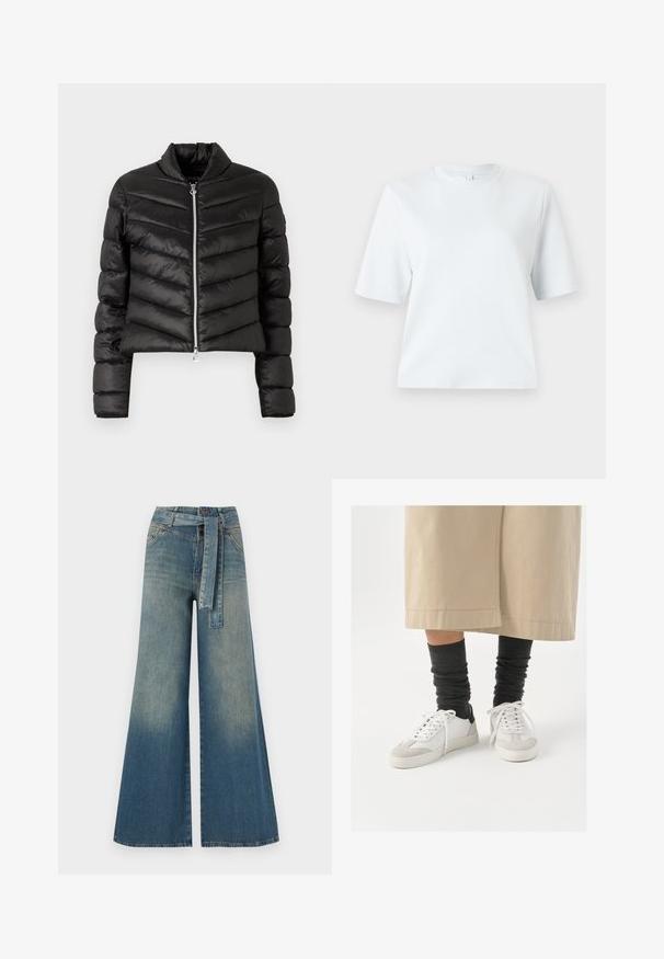 Čierna skrátená prešívaná bunda s horizontálnym a vertikálnym prešívaním, vysokým golierom, kovovým zipsom a priliehavými rukávmi. Hladká, lesklá tkanina.; Svetlomodré tričko s krátkym rukávom, vyrobené z mäkkého bavlneného materiálu. Má klasický okrúhly výstrih a voľný strih, bez vzorov a akcentov.; Džínsy s širokými nohavicami, ktoré majú prechod od svetlomodrej po tmavomodrú, vysoký pás, pútka na opasok a opasok z rovnakého materiálu. Textúrovaný denimový povrch.; Biele a šedé tenisky s čiernym akcentom na päte, s hladkým koženým zvrškom a textúrovanou semišovou špičkou. Nosené s tmavošedými voľnými ponožkami.