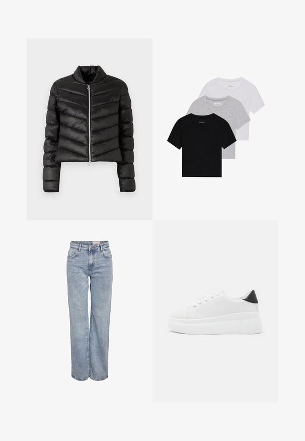 Giacca a vento nera cropped con trapuntatura orizzontale e verticale, colletto alto, zip metallica e maniche aderenti. Tessuto liscio e lucido.; Set di tre t-shirt a maniche corte in nero, grigio e bianco. Realizzate in cotone, presentano un collo a giro e un design semplice in un colore solido.; Jeans a gamba larga di colore azzurro chiaro realizzati in denim, con vita alta, design a cinque tasche e leggera scoloritura per un aspetto vissuto.; Sneakers platform bianchi realizzati in materiale sintetico liscio, con punta arrotondata, design con lacci e suola in gomma texture. Accento nero nel tallone.