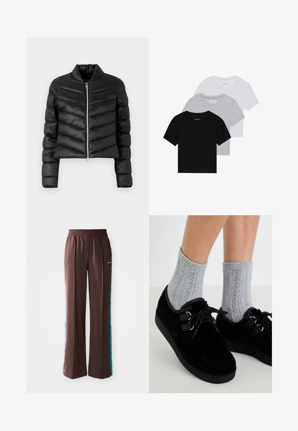 Black cropped puffer jacket with horizontal and vertical quilting, high collar, metallic zipper, and fitted sleeves. Smooth, shiny fabric.; Set of three short-sleeve t-shirts in black, gray, and white. Made from cotton, featuring a crew neck and a simple, solid color design.; Brown athletic pants with a ribbed texture, elastic waistband, and turquoise side stripes. Features the adidas logo on the front.; Black velvet shoes with flat soles, round toe, and double eyelets. Worn with gray cable-knit socks. Smooth texture and simple design.