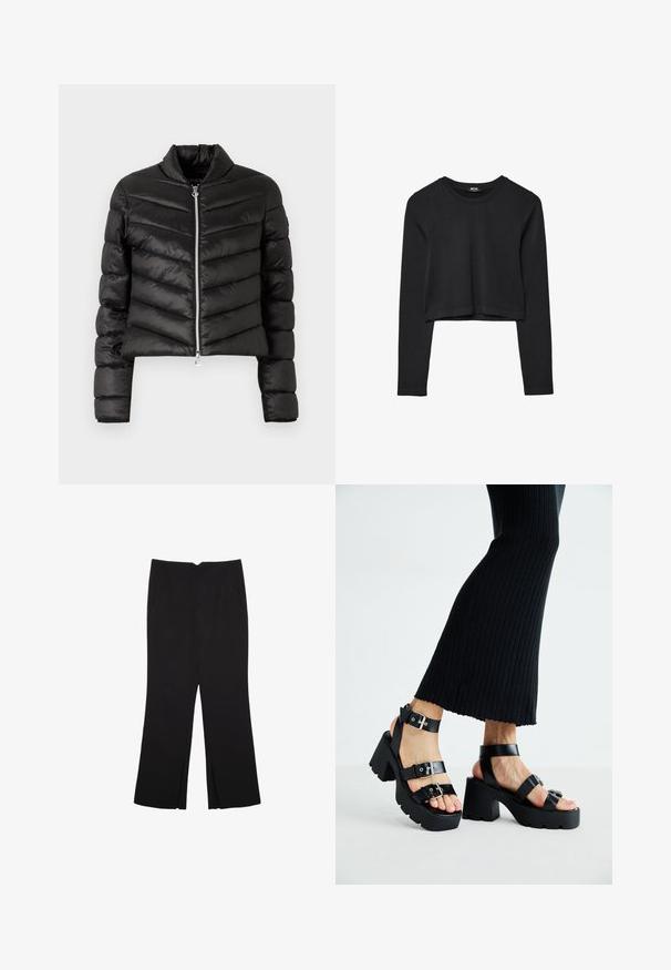 Black cropped puffer jacket with horizontal and vertical quilting, high collar, metallic zipper, and fitted sleeves. Smooth, shiny fabric.; Black long-sleeve cropped top with round neckline, plain design, and a slightly curved hem.; Black trousers with a straight fit, featuring front pockets and side slits at the hem. Made of soft, smooth fabric. Suitable for various occasions.; Black platform sandals with chunky, lug soles and multiple straps, featuring metal buckles and a smooth leather-like texture.