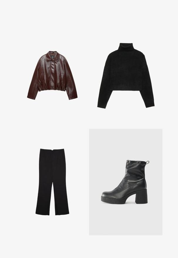 Bordowa skórzana krótka kurtka z kołnierzem, dwoma bocznymi kieszeniami i gładką, błyszczącą teksturą. Posiada elastyczny dół w talii.; Czarny skrócony sweter z prążkowanym kołnierzem i mankietami, o gładkiej fakturze i luźnym kroju. Prosty, minimalistyczny design.; Czarne spodnie o prostym kroju, z przednimi kieszeniami i bocznymi rozcięciami na dole. Wykonane z miękkiego, gładkiego materiału. Odpowiednie na różne okazje.; Czarne botki za kostkę wykonane z gładkiej skóry, wyposażone w boczny zamek błyskawiczny, masywny teksturowany obcas oraz zaokrąglony czubek.