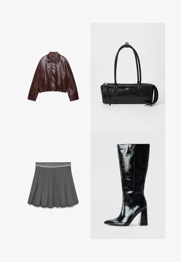 Burgundska usnjena kratka jakna s ovratnikom, dvema stranskima žepoma in gladko, sijočo teksturo. Ima elastičen rob v pasu.; Karirana flanel srajca v črni, beli in sivi barvi. Ima sprednje gumbe, dva žepa na prsih in dolge rokave z gumbnimi manšetami.; Temno siva plisirana krila z elastičnim pasom v svetlih in temnih odtenkih, razprostrta na beli podlagi.; Črne škornje do kolen, izdelane iz sijajnega usnja, z ostrim nosom in masivnim geometrijskim peto z gladko teksturo.; Črna usnjena torbica pravokotne oblike, gladke teksture, z dvema ročkama, zadrgo za zapiranje in majhnim logotipom spredaj.