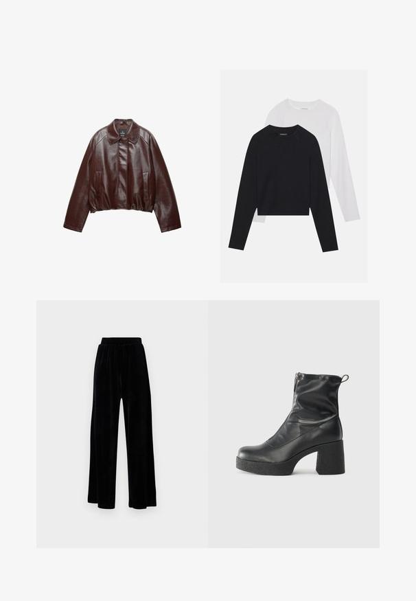 Burgundy színű bőr apró kabát, galléros nyakkal, két oldalsó zsebbel és sima, fényes textúrával. Az derékrészen rugalmas szegés található.; Két hosszúujjú póló: az egyik fekete, a másik fehér. Mindkettő kerek nyakú, raglán ujjal és puha pamutkeverék anyaggal készült.; Fekete, széles szárú nadrág puha velúrból, rugalmas derékkal és sima textúrával, látható díszítés vagy mintázat nélkül.; Fekete bokacsizmák sima bőrből, oldalsó cipzárral, vastag, texturált sarkú és lekerekített orrú dizájnnal.