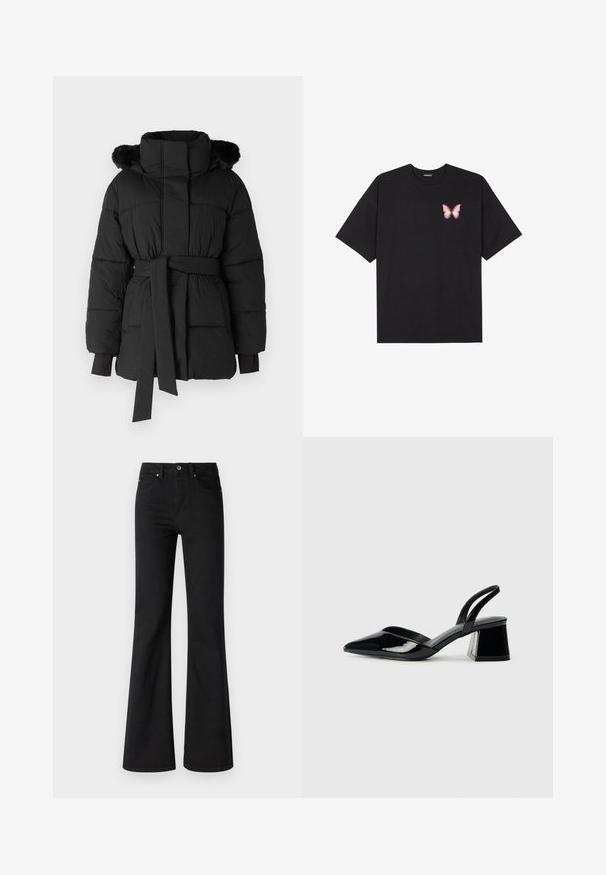 Čierna páperová bunda s vysokým golierom, opaskom v páse a kapucňou s kožušinou. Obsahuje uzavreté manžety a prešívanú textúru.; Čierne bavlnené tričko s krátkymi rukávmi, s malým ružovým motýlikom na ľavej hrudi. Design s okrúhlym výstrihom a uvoľneným strihom.; Čierne rozšírené džínsy z denimu s vysokým pásom, obsahujúce päť vreciek, predný gombík a zips, hladká textura.; Čierne lakované kožené sandálové podpätky s špicatou špičkou a geometrickým blokovým podpätkom. Disponujú elegantným, minimalistickým dizajnom a hladkým povrchom.