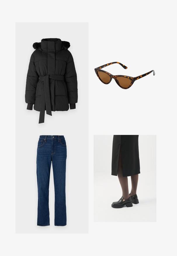 Melna pūkainā jaka ar augstu kaklu, jostu viduklī un kažokādu oderi kapuci. Iespējas apvilkti manžetes un līdzšinējā tekstūra.; Balta bezpiedurkņu topiņš no ribotā auduma, ar noapaļotu kakla izgriezumu un pieguļošu siluetu, ar minimālām šuvēm un bez rotājumiem.; Tumši zili džinsi ar taisnu kāju piegriezumu, piecu kabatu dizainu, oranžiem diegiem un pogu aizdari jostā.; Melni ādas apavi ar noapaļotu purngalu, biezām bloku papēžiem un elastīgiem sānu akcentiem, apvienoti ar tumšām zeķubiksēm un melnu svārku ar šķirbu.; Kaķa acs saulesbrilles ar melnu un oranžu bruņurupuču rakstu rāmi, brūnām lēcām un elegantiem, norādītiem galiem. Rāmī ir minimālists logos uz tempļa.