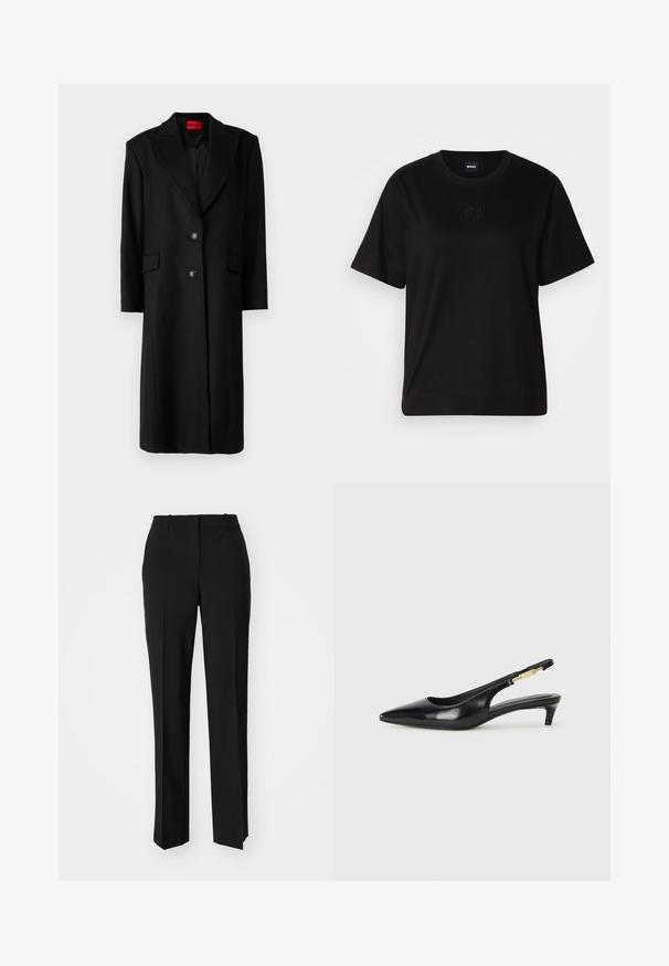 Čierny dlhý kabát s prispôsobeným strihom, klopovými chlopňami, dvoma prednými vreckami a uzatváraním na jeden gombík. Interiér má vzorovanú podšívku.; Čierne bavlnené tričko s okrúhlym výstrihom, krátkymi rukávmi a vyšívaným logom na hrudi. Jednoduchý, voľný strih bez vzorov.; Čierne krajčírské nohavice so strihom rovného nohu, s hladkou textúrou a ostrými skladmi pozdĺž prednej časti. Žiadne viditeľné hardvér.; Čierne kožené slingback opätky s špicatou špičkou, s úzkym opätkom a zlatým detailom na nastaviteľnom remienku. Hladká textúra.