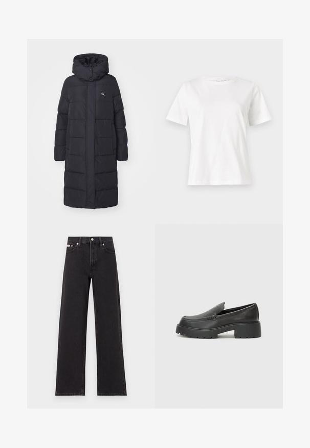 Melna pūkaina jaka ar kapuci, priekšpusē ar rāvējslēdzēju un spiedpogām, vertikāli izšūti raksti un neliels logo uz krūtīm.; Baltas kokvilnas T-krekls ar īsām piedurknēm, apaļu kakla izgriezumu un brīvu piegriezumu. Gluda tekstūra, bez rakstiem vai akcentiem, minimālistisks dizains.; Melni platmalu džinsi, kas izgatavoti no denima, ar augstu vidukli, piecu kabatu dizainu un metāla pogas aizdari ar kontrastējošu šuvumu.; Melnas ādas mokasīni ar noapaļotu purngalu, biezs teksturēts zoles un minimālas dūriena detaļas. Gluds dizains bez redzamām auklām vai metāla elementiem.
