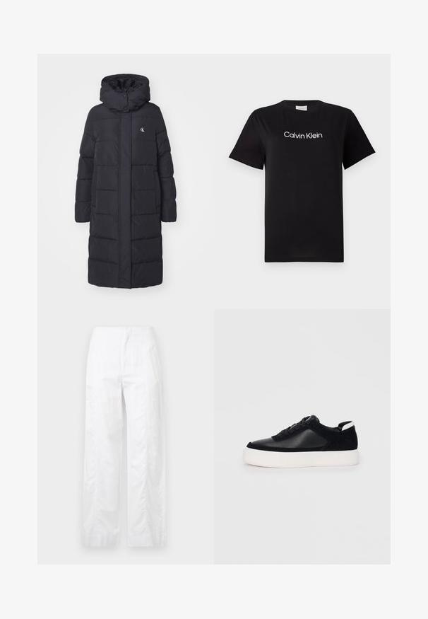 Čierna puffová bunda s kapucňou, s predným zipsom a zasúvacím zapínaním, vertikálnym prešívaním a malým logom na hrudi.; Čierne bavlnené tričko s krátkymi rukávmi, s bielym logom "Calvin Klein" potlačeným na hrudi. Klasický výstrih v štýle crew neck.; Biele široké nohavice z ľahkej látky, s hladkou textúrou, čistými líniami a vysokým pásom.; Čierne tenisky s hladkou kožou a semišovými panelmi, plochými šnúrkami, zaoblenou špičkou a bielou gumovou podrážkou. Výrazné logo na päte.