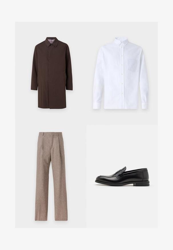Paul Smith - Prochowiec; Biała koszula z długim rękawem na guziki, wykonana z bawełny, z kieszonką na piersi z tonowym haftem, kołnierzykiem i zapięciem na guziki przy mankietach.; Brązowe, wysokiej talii spodnie wykonane z teksturowanej tkaniny. Posiadają szerokie nogawki i dwa przednie zakładki dla lepszej struktury. Starannie wykończone, bez widocznych elementów metalowych.; Czarne skórzane mokasyny o gładkiej fakturze, zaokrąglonym nosku i dekoracyjnym pasku na przodzie. Niski, warstwowy obcas, minimalistyczny design.