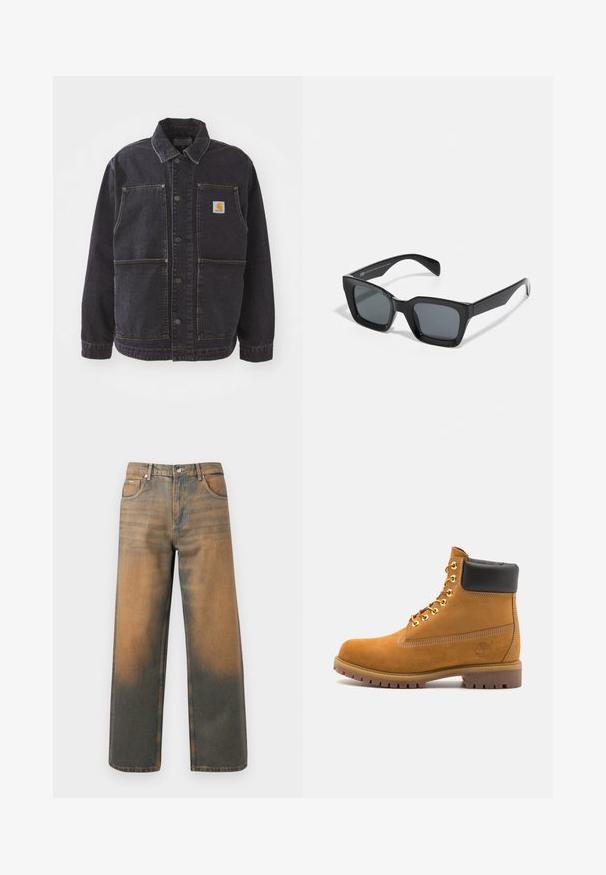 Giacca in denim scuro con collo, chiusura a bottoni, due grandi tasche frontali e un patch con logo sul petto. Tessuto testurizzato con cuciture gialle.; Felpa bianca con cappuccio, caratterizzata da un grande design stampato di un tesserino d'identità nei colori blu, giallo e nero, con tasca frontale e cappuccio regolabile con lacci.; Jeans a gamba larga in denim blu e marrone scuro con effetto usurato. Presentano un alto punto vita, tasche frontali e una chiusura con bottone classico arricchita da dettagli metallici.; Stivale alla caviglia in suede tan con collare imbottito nero, occhielli in metallo dorato, dettagli in cucitura bianca e suola in gomma robusta con battistrada pronunciato.; Occhiali da sole neri rettangolari con lenti scure. Montatura in plastica con una finitura lucida, caratterizzati da un ponte ampio e braccia leggermente affusolate.
