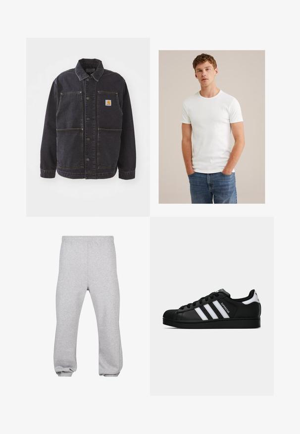 Tamni traper jakna sa ovratnikom, prednjim kopčanjem na dugmad, dva velika prednja džepa i logotipom na prsima. Teksturalna tkanina sa žutim šavovima.; Mlađi muškarac s kratkom kovrčavom kosom, obučen u jednostavnu bijelu majicu s kratkim rukavima i plave traperice, stoji s rukama u džepovima.; Sive trenirke od mješavine pamuka, s elastičnim pojasom, sužavajućim nogavicama i manžetama na dnu. Jednostavan dizajn bez uzoraka.; Crne Adidas Superstar tenisice s bijelim prugama, konusom na vrhu i natpisom "Superstar" sa strane, prikazane u bočnom profilu na bijeloj pozadini.
