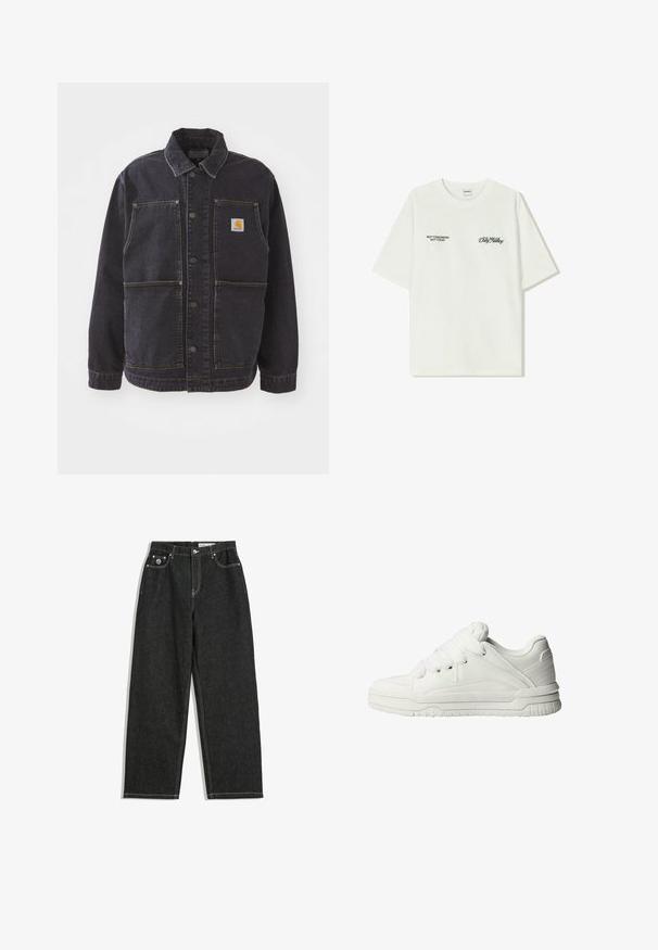 Ciemnoniebieska kurtka dżinsowa z kołnierzykiem, zapinana na guziki, z dwiema dużymi kieszeniami z przodu oraz naszywką logo na piersi. Teksturowany materiał z żółtymi przeszyciami.; Biała bawełniana koszulka z krótkim rękawem. Z przodu znajduje się czarny napis: „NIE JUTRO, NIE DZIŚ” oraz „SZTUKA RUCHU BRUDU” w zielonym skrypcie.; Czarne jeansy o prostym kroju z białym przeszyciem, pięć kieszeni, zapięcie na guzik i zamek, oraz małe logo na prawej przedniej kieszeni.; Białe sneakersy z gładką skórzaną powierzchnią, wyściełanym językiem, płaskimi sznurówkami oraz teksturowanymi akcentami po bokach i na pięcie.