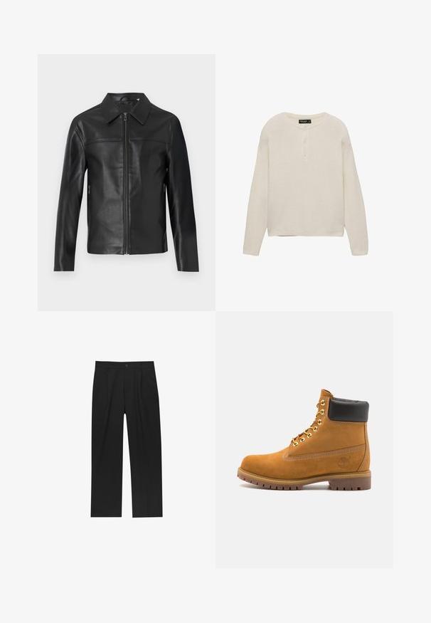 Černá kožená bunda s dlouhými rukávy, předním zipem a špičatým límcem, vystavená na bílém pozadí.; Svetr s dlouhým rukávem a kulatým výstřihem v světle béžové barvě, se zapínáním na tři knoflíky, žebrovanými manžetami a rovnym lemem, vyrobený z měkké, strukturované tkaniny.; Černé kalhoty s rovnými nohavicemi, vyrobené z hladké tkaniny. Mají přední záhyby a jedno knoflíkové zapínání v pase.; Hnědé semišové kotníkové boty s černým polstrovaným límcem, zlatými kovovými očky, bílým prošíváním a odolnou gumovou podrážkou s výraznými drážkami.