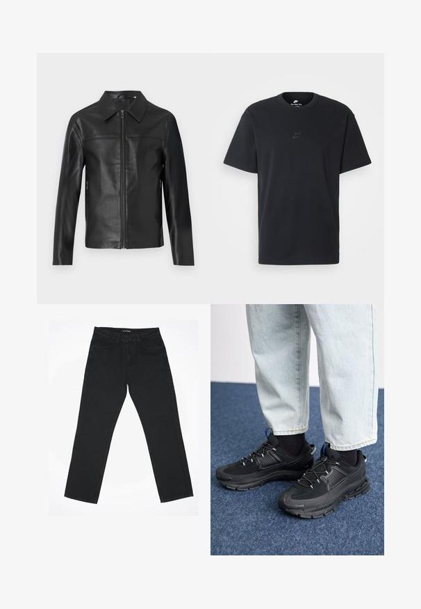 Melnas ādas jaka ar garām piedurknēm, priekšējā rāvējslēdzēja aizdare un smailais apkakle, izlikta pret baltu fonu.; Nike melns kokvilnas T-krekls ar klasisku piegriezumu, īsām piedurknēm un smalku, reljefu logotipu uz krūškurvja. Gluda tekstūra.; Melnas denima bikses ar taisnu kāju dizainu, piecām kabatām un klasisku jostasvietu. Audumam ir gluda tekstūra un minimāls apdare.; Melni sporta apavi ar strukturētu audumu un gumijas zoli, ar elastīgām auklām un zilu akcentu uz papēža. Nēsāti ar gaišām džinsu biksēm.