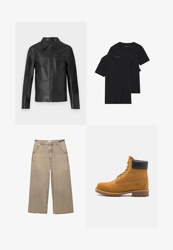 Sort læderjakke med lange ærmer, frontlynlås og spidse krave, vist mod en hvid baggrund.; To sorte bomulds t-shirts med korte ærmer, rund halsudskæring og en glat tekstur, vist stablet sammen.; PULL&BEAR MEGA BAGGY - Baggy jeans - light grey; Tan nubuck ankelstøvle med sort polstret krave, gyldne metaløjer, hvid syning detaljer og robust gummisål med udtalte slidbaner.