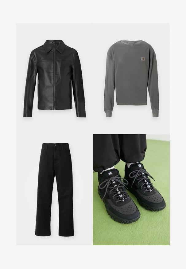 Czarna skórzana kurtka z długimi rękawami, zamek błyskawiczny z przodu i spiczasty kołnierz, wyeksponowana na białym tle.; Szary longsleeve z okrągłym dekoltem, wykonany z materiału o prążkowanej teksturze, z małą kwadratową naszywką z logo na lewej piersi oraz prążkowanymi mankietami.; Czarne dżinsy o prostym kroju, z przednimi kieszeniami, zamkiem błyskawicznym i pojedynczym guzikem z przodu. Teksturowana tkanina o matowym wykończeniu.; Czarne sneakersy charakteryzują się połączeniem materiałów skórzanych i siateczkowych, teksturowaną gumową podeszwą, wyraźnymi perforacjami oraz wzorzystymi sznurowadłami z cyframi jako akcentami.