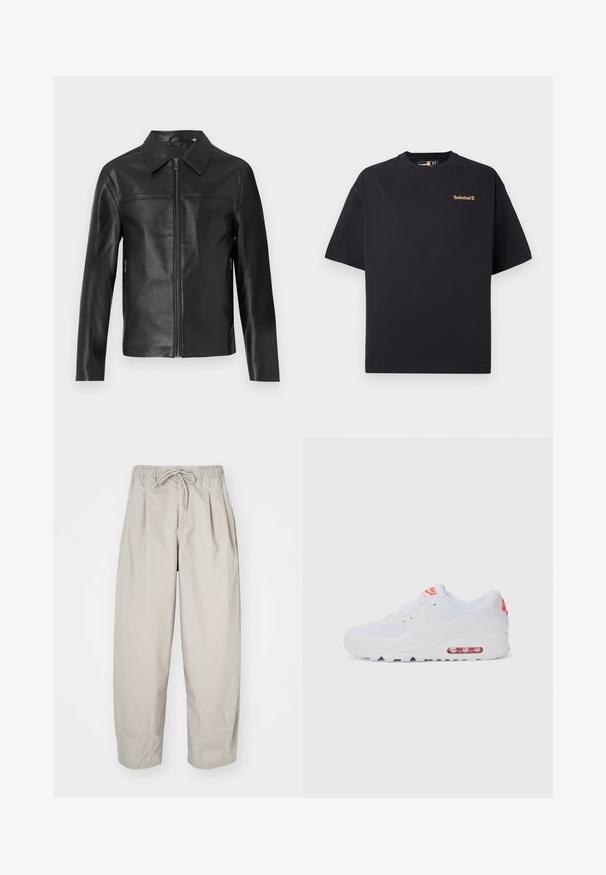 Schwarze Lederjacke mit langen Ärmeln, Vorderreißverschluss und spitzem Kragen, vor einem weißen Hintergrund präsentiert.; Schwarzes Timberland T-Shirt mit kurzen Ärmeln und Rundhalsausschnitt, mit kleinem beigefarbenem Logo auf der oberen linken Brust, vor einem weißen Hintergrund präsentiert.; Beige, leichte Hose mit elastischem Bund und Zugband. Sie verfügt über Falten und eine lockere Passform, gefertigt aus weichem, glattem Stoff.; Weiße Sportsneaker mit einem glatten Obermaterial, Schnürverschluss, gepolsterter Sohle und einem sichtbaren Luftpolster mit roten Akzenten im Branding.