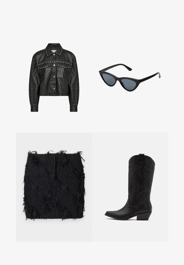 Czarna skórzana kurtka o skróconym fasonie, zdobiona srebrnymi ćwiekami wzdłuż kołnierza, kieszeni z przodu i rękawów; klasyczne zapięcie na guzik i gładka tekstura.; Dwie bezrękawnikowe, prążkowane bluzki z golfem w kolorze brązowym i czarnym, prezentowane na jednolitym białym tle.; Czarna spódnica o teksturowej strukturze z warstwowym frędzlami i lekko nieregularnym dołem, wykonana z lekkiego materiału.; Czarne skórzane kowbojskie buty z wydłużonym noskiem, niskim, szczotkowanym obcasem oraz misternym tłoczonym wzorem liści na cholewie. Pętla u góry ułatwiająca zakładanie.; Czarne okulary przeciwsłoneczne w kształcie kocich oczu z ciemnoszarymi soczewkami, smukłym plastikowym oprawie, spiczastymi rogami i prostymi zausznikami. Brak widocznych elementów metalowych lub akcentów.; Burgundowa skórzana torebka o zaokrąglonym kształcie, z złotymi akcentami na elementach metalowych oraz zamknięciem na zamek błyskawiczny. Posiada odpinany pasek na ramię.