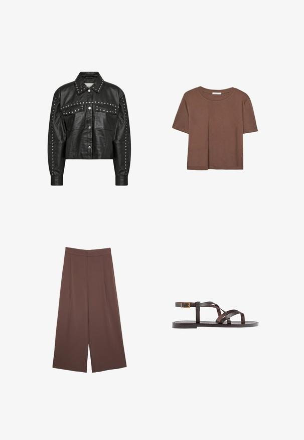 Giacca cropped in pelle nera con borchie argentate lungo il colletto, le tasche frontali e le maniche; chiusura a bottone classica e superficie liscia.; Maglietta a maniche corte marrone realizzata in tessuto morbido, con scollatura rotonda e vestibilità rilassata. Nessun motivo o dettaglio visibile.; Pantaloni ampi marroni con una texture liscia, caratterizzati da una vita alta e pieghe frontali. Il tessuto è leggero e scorre liberamente.; Sandal in pelle marrone con cinturini incrociati, chiusura con cinturino alla caviglia e suola piatta con dettagli di cucitura minimi.
