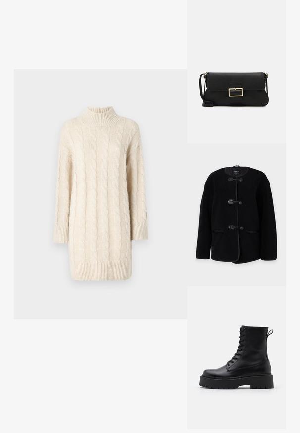 Black fleece jacket with a round neckline, toggle closures, and side pockets. Designed with a textured surface and contrast trim.; Cream cable-knit sweater with a high collar, three-quarter sleeves, and ribbed hem. Features textured patterns and a loose fit.; Black leather ankle boots with a round toe, lace-up front, and a thick rubber sole featuring a textured tread. Pull tab at the back.; Black leather clutch bag with a flap and a gold metal buckle detail. Includes a black strap and a sleek, minimalist design.