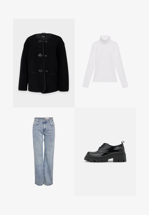 Črna flis jakna s krožnim izrezom, zaponkami na vrvico in stranskimi žepi. Oblikovana z teksturirano površino in kontrastnim robom.; Bela dolga majica s turtleneck ovratnikom, izdelana iz gladke, raztegljive tkanine. Ima visok ovratnik in prilega telesu, brez vidnih vzorcev ali okrasitev.; Svjetloplave široke traperice od denima, sa visokim strukom, dizajnom s pet džepova i suptilnim blijeđenjem za izgled nakon nošenja.; Črne lakaste usnjene čevlje z debelim platformnim podplatom in debelimi vezalkami. Okrogla špička, minimalno okrasje in majhen jeziček na hrbtu.