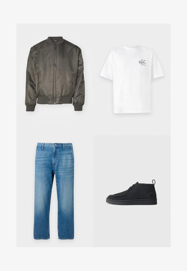 Calvin Klein Jeans PADDED HERO  - Bombertakki - beluga; Valkoinen puuvillapaita lyhyillä hihoilla, pyöreä kaula-aukko, jossa on musta CK-logo vasemmassa rinnassa, normaali istuvuus, sileä pinta.; Vaaleansiniset farkut, suora malli, viisi taskua, nappisulku ja hieno haalistuminen edessä. Ei näkyviä kuvioita.; Mustat mokka nauhalla suljettavat nilkkasaappaat, joissa on vetotappi ja teksturoitu pohja, sekä pieni kohokuvioitu krokotiililogo sivulla.