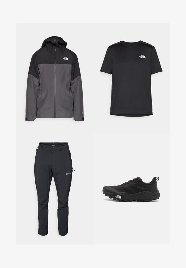 Chaqueta impermeable gris con sección superior negra, cierre frontal con cremallera, capucha ajustable y puños elásticos. Presenta un logo en el pecho y la manga.; Camiseta negra de manga corta hecha de tejido ligero. Presenta un pequeño logo blanco en el lado izquierdo del pecho y sutiles acentos en los hombros.; Pantalones exteriores negros, ligeros, con cinturilla elástica, bolsillos laterales con cremallera y un logo en el muslo izquierdo. Tejido suave y duradero.; Zapatilla de trail running negra con upper texturizado, suela de goma y puntera reforzada. Presenta un collar acolchado y una lengüeta para poner y quitar fácilmente.