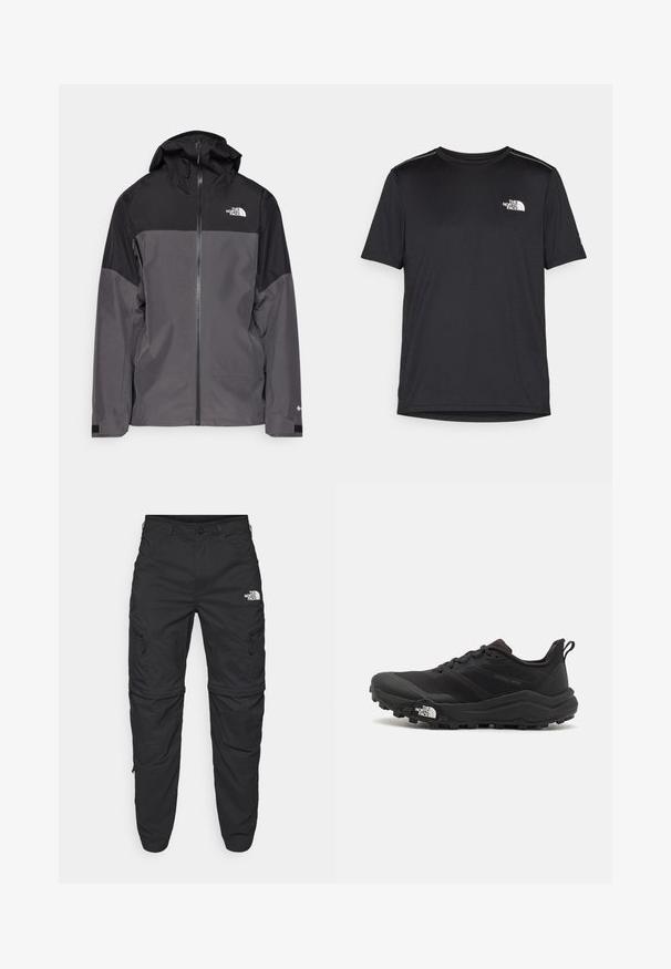 Grau wasserfeste Jacke mit schwarzem oberen Abschnitt, Reißverschluss vorne, verstellbarer Kapuze und elastischen Bündchen. Mit Logo auf der Brust und dem Ärmel.; Schwarzes T-Shirt mit kurzen Ärmeln aus leichtem Stoff. Mit einem kleinen weißen Logo auf der linken Brust und dezenten Akzenten an den Schultern.; The North Face EXPLORATION TAPERED CONVERTIBLE - Outdoor-Hose - black; Schwarzer Trailrunning-Schuh mit strukturiertem Obermaterial, Gummisohle und verstärkter Zehenkappe. Verfügt über einen gepolsterten Kragen und eine Ziehlasche für einfaches Anziehen.