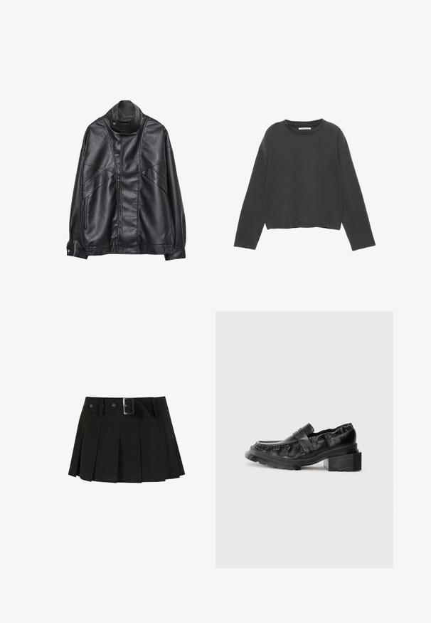 Veste en cuir noir avec col haut et bouton-pression, poches zippées sur les côtés, et coutures détaillées à l'avant et sur les manches.; T-shirt noir à manches longues cropped en coton doux. Présente un col rond et des coutures visibles le long des coutures.; Jupe plissée noire avec une ceinture. Confectionnée dans un tissu lisse, avec une boucle en métal argenté et une taille structurée pour plus de style.; Mocassins en cuir noir avec une semelle structurée, présentant un talon bloc légèrement surélevé et un dessus texturé, maintenus par une sangle à l'avant.