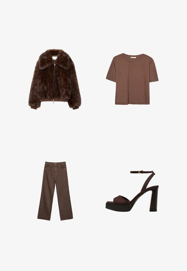 Ruskea keinoturkki takki, jossa on leveä kaulus, vetoketjukiinnitys ja ribbaatut hihansuut. Ominaisuuksiin kuuluu lyhyt malli ja pehmeä, pörröinen rakenne.; Kahvinsävyinen lyhythihainen t-paita, joka on valmistettu pehmeästä kankaasta. Pyöreä pääntie ja rento malli. Ei näkyviä kuvioita tai koristeita.; Leviittävät ruskeat farkut, jotka on valmistettu denimistä, korkea vyötärö, etutaskut ja klassinen nappikiinnitys. Silkkinen pinta hienovaraisella ompelutyöllä.; Ruske kožne sandale s visokom potpeticom, otvorenim prstima, podesivim kopčanjem oko gležnja i prugastim platformskim đonom.