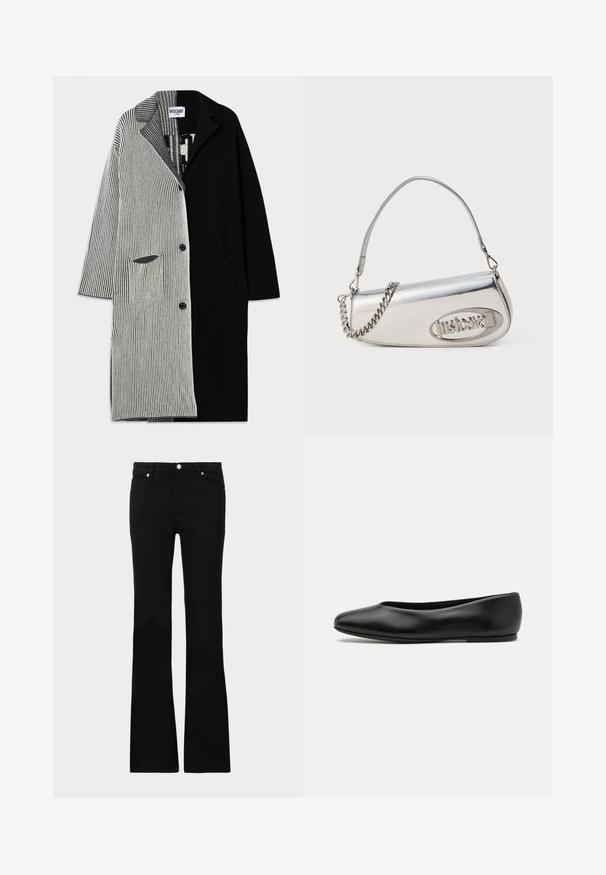 Cappotto a strisce verticali nero e grigio con colletto a scollo a V, bottoni frontali e due tasche laterali. Tessuto a coste su tutta la superficie.; Maglia a maniche lunghe in una miscela di pattern astratti blu, marrone e crema. Tessuto morbido con un design aderente e collo alto.; Jeans neri svasati in denim, dotati di due tasche anteriori, chiusura con bottone e una texture liscia. Cuciture iconiche visibili nei punti di giuntura.; Paul Smith TOPANGA - Ballerine - black; Borsa a mano metallica argentea con forma triangolare arrotondata, con logo, tracolla a catena e texture liscia. Chiusura con zip sul lato.