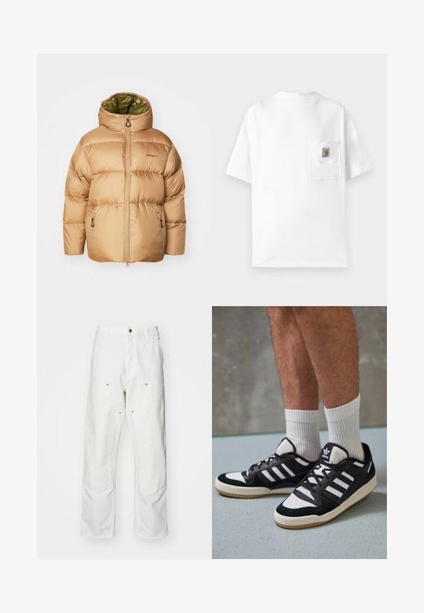 Beige puffer jacket with a hood, featuring a green lining, zippered front, and side pockets. Smooth, shiny fabric with quilted pattern.; White cotton t-shirt with a round neck, short sleeves, and a chest pocket featuring a logo patch. Minimalist design and seamless texture.; White cotton cargo pants with a relaxed fit. Features include front pockets, gold hardware accents, and reinforced knee sections.; Black and white sneakers with a suede and leather upper, featuring three white stripes, a perforated toe, and a gum rubber sole.