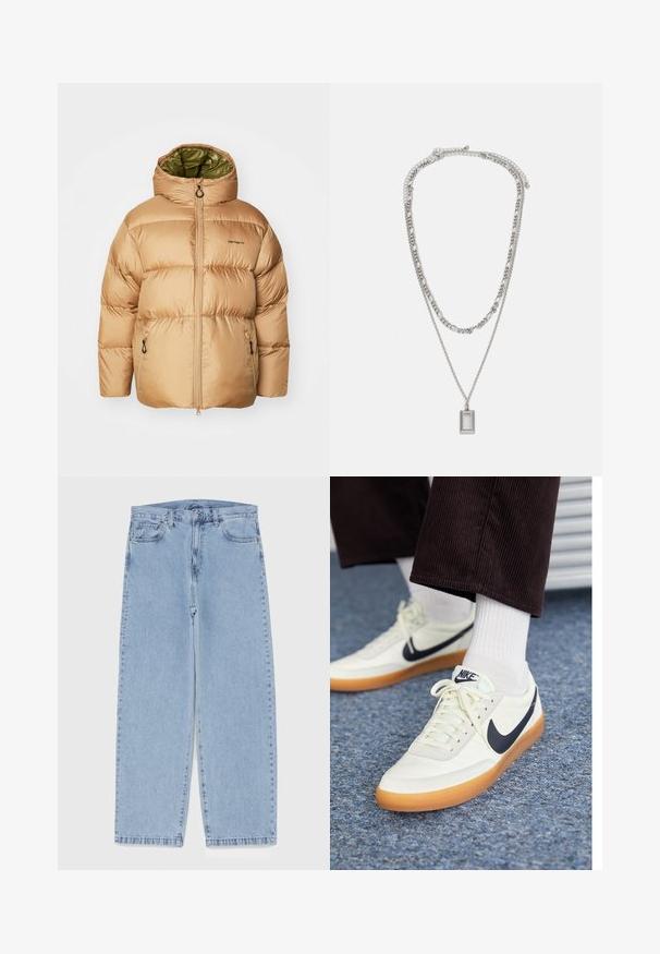 Beige puffer jacket with a hood, featuring a green lining, zippered front, and side pockets. Smooth, shiny fabric with quilted pattern.; Black long-sleeve t-shirt made of cotton, featuring a round neckline and straight cut, with a small logo detail on the sleeve.; Light blue denim jeans with straight leg design, featuring a mid-rise waist, five pockets, and a button and zipper closure.; Nike sneakers in white leather with a navy swoosh, featuring a gum rubber sole and white laces, paired with white crew socks and dark corduroy pants.; Silver necklace with two layered chains; features a rectangular pendant with a smooth surface, showcasing a polished metal finish.