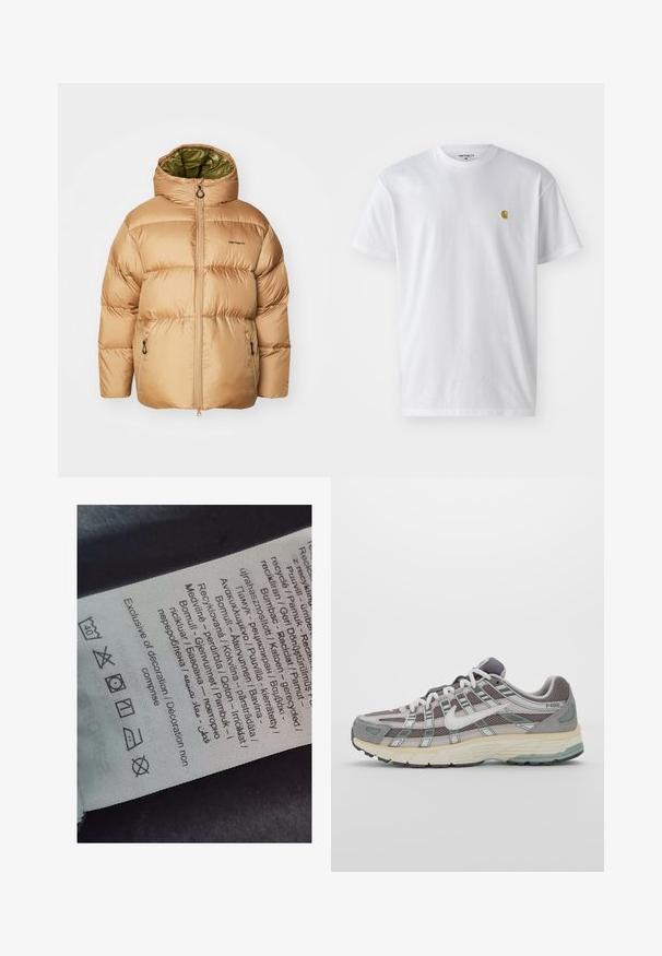 Bežinė pūsta striukė su gobtuvu, su žaliu pamušalu, užtrauktuku priekyje ir šoninėmis kišenėmis. Lygus, blizgus audinys su siuvinėta dėmėta šonine.; Balta medvilnės marškinėliai su trumpomis rankovėmis, apvalia iškirpte, kuriuose kairėje krūtinės pusėje yra mažas auksinis logotipas. Minkšta tekstūra ir reguliari forma.; Žymėjimo etiketė su daugiakalbiais tekstais, priežiūros simboliais ir perdirbimo ikonėmis, atspausdinta minkštu, audeklo tipo medžiagos šviesiais atspalviais.; Pilkas sportinis batas su tinklu ir zomšos viršutine dalimi, baltomis detalėmis, paminkštintu padu ir išskirtiniu dizainu su atspindinčiais elementais.