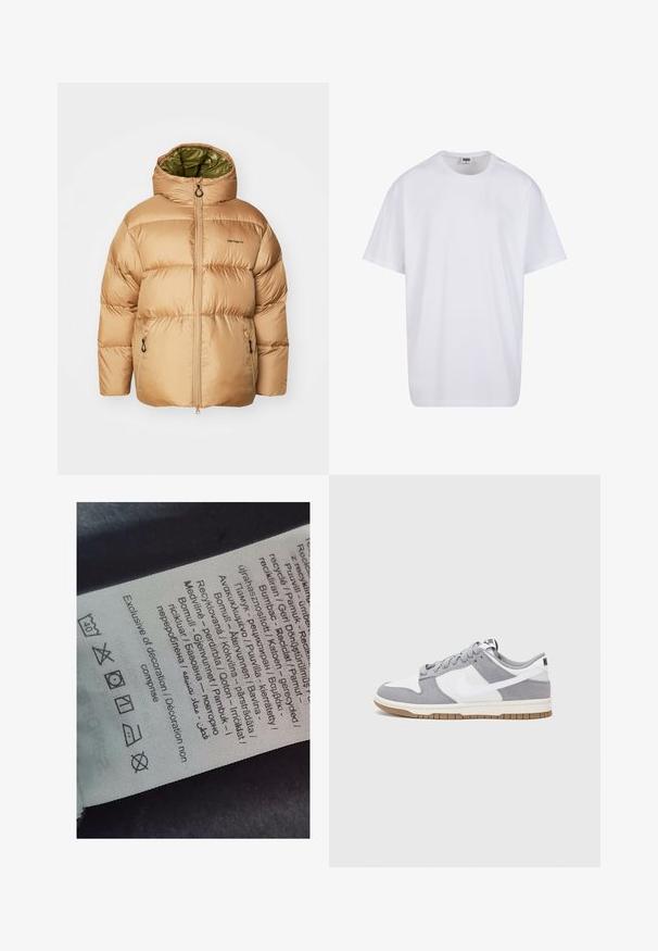 Giacca a vento beige con cappuccio, dotata di rivestimento verde, zip frontale e tasche laterali. Tessuto liscio e lucido con motivo trapuntato.; Maglietta bianca in cotone con maniche corte, scollatura rotonda, vestibilità comoda e senza loghi o motivi visibili. Texture liscia e design minimale.; Etichetta con testo multilingue, simboli di cura e icone di riciclo, stampata su un materiale morbido simile a stoffa di colore chiaro.; Sneaker grigia e bianca con tomaia in suede e pelle, punta arrotondata, lacci piatti e soletta in gomma con un accento color caramello.
