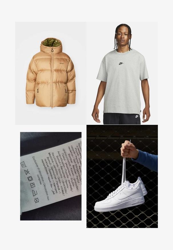 Beigový péřový kabát s kapucí, s zelenou podšívkou, zipem vpředu a bočními kapsami. Hladký, lesklý materiál s prošívaným vzorem.; Mladý člověk s pletenými vlasy, oblečený v světle šedém tričku Nike a černých šortkách Nike, na čistém bílém pozadí.; Štítek s vícejazyčným textem, symboly péče a ikonami recyklace, vytištěný na měkkém materiálu připomínajícím látku ve světlé barvě.; Bílé kožené tenisky s perforacemi, kulatou špičkou, plochou podrážkou a silnými tkaničkami, které mají viditelné logo swoosh a nápis "AIR" na patě.