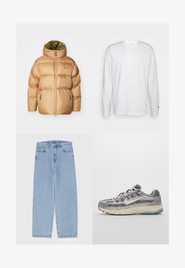 Beidzīga puffer jaka ar kapuci, ar zaļu odere, ar rāvējslēdzēja priekšpusi un sānu kabatām. Gluda, spīdīga auduma ar quiltētu rakstu.; Balta garām piedurknēm T-kreklā, kas izgatavots no kokvilnas. Arapa kakla dizains ar ribotām aprocēm un mazu logotipu uz kreisās piedurknes. Gluda tekstūra.; Gai zila džinsu bikses ar taisnu kāju dizainu, kas piedāvā vidēju vidukļa augstumu, piecas kabatas un pogas un rāvējslēdzēja aizdari.; Pelēkie sporta apavi ar tīkla un zamša augšdaļu, baltiem akcentiem, mīkstinātu zoli un izcilu dizainu ar atstarotājiem.