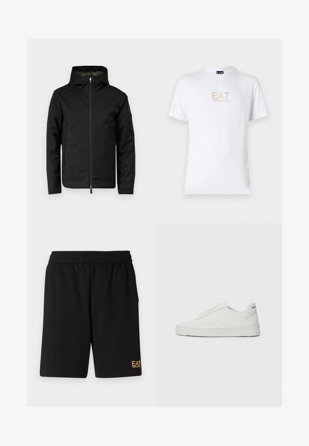 Giacca nera imbottita con chiusura a zip, cappuccio regolabile, due tasche frontali e una texture liscia. Il rivestimento presenta un colore verde a contrasto.; T-shirt bianco in cotone con scollatura rotonda e maniche corte, con il logo oro EA7 Emporio Armani stampato sul fronte.; Pantaloni sportivi neri realizzati in tessuto morbido, con vita elastica e un piccolo logo EA7 giallo sulla parte bassa della gamba sinistra.; Sneaker in pelle bianca con una finitura liscia, punta rotonda, lacci piatti e suola testurizzata. Presenta un logo discreto sul tallone.