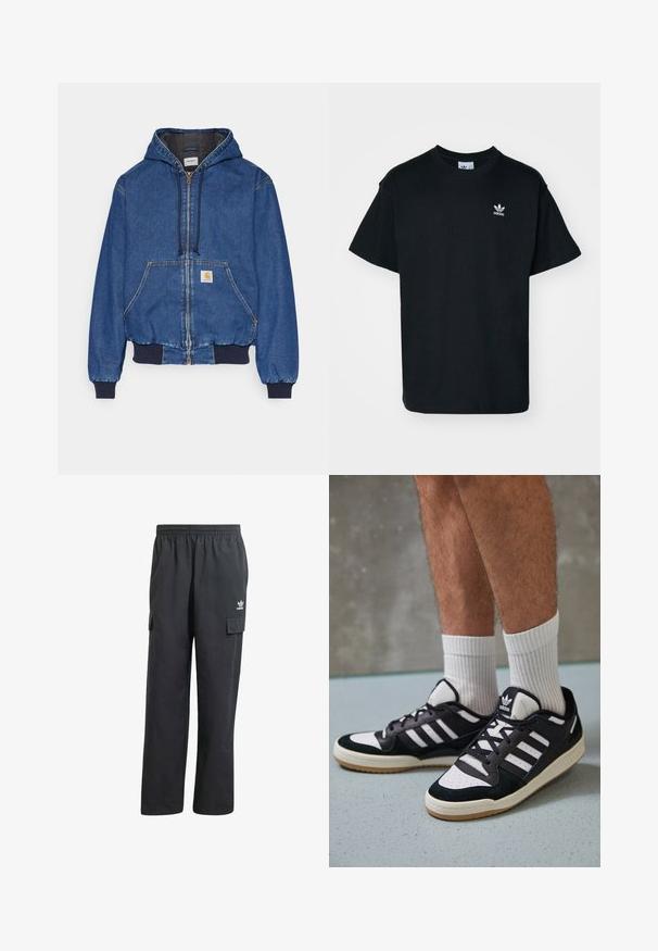 Carhartt WIP ACTIVE JACKET - Teksajakk - blue stone washed; Must musta T-särk lühikeste varrukatega ja ümmarguse kaelusega, mille vasakul rinnal on väike valge Adidas logo.; Mustad mustreebiga mustad cargo püksid elastse vöökaarega, kahe külge taskuga ja diskreetse logoga vasakul reitel. Valmistatud kergest kangast.; Mustvalged ja valged spordijalatsid, mille pealmine osa on valmistatud suede'ist ja nahast. Kingadel on kolm valget riba, auguline varvas ja kummist tald.
