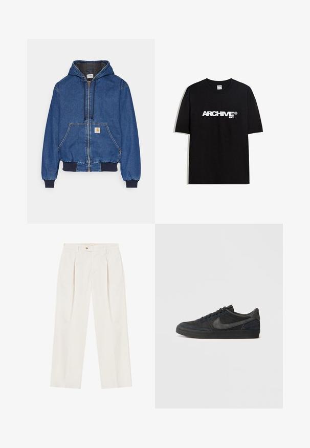 Carhartt WIP ACTIVE JACKET - Farmerdzseki - blue stone washed; Fekete pamut póló, fehér "ARCHIVE inc." logóval a mellkasán, rövid ujjakkal és kerek nyakkivágással.; Fehér, bő szárú nadrág, elöl pliszírozással, egy gombos záródással és oldalsó zsebekkel. Sima textúra és formázott dizájn.; Fekete velúr sportcipők alacsony profillal, gumi talppal, strukturált oldalsó panelek és azonos színű Nike logóval. Fűzős elülső rész, párnázott nyak.