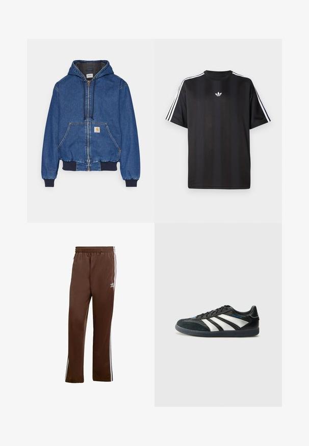 Carhartt WIP ACTIVE JACKET - Denim jacket - blue stone washed; Black short-sleeve t-shirt with white three-stripe detailing on shoulders and a small white logo on the chest. Smooth fabric texture.; Brown athletic pants made of smooth fabric, featuring white side stripes and an elastic waistband. Includes pockets on both sides.; adidas Performance PREDATOR FREESTYLE JUDE INDOOR FOOTBALL SHOES - Indoor football boots - core black/silver-coloured/glory blue